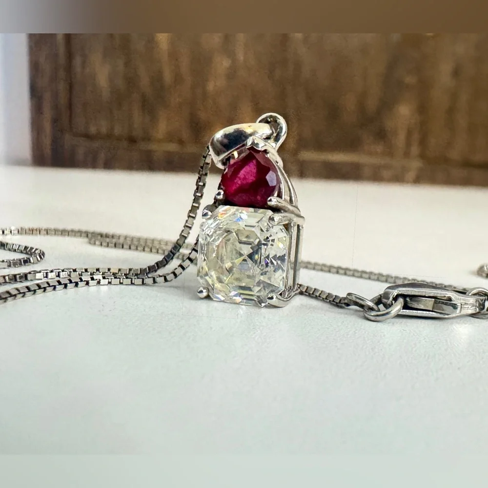 Vintage BBJ Strontium Titanate & Ruby Rhodium Over Sterling Pendant Necklace